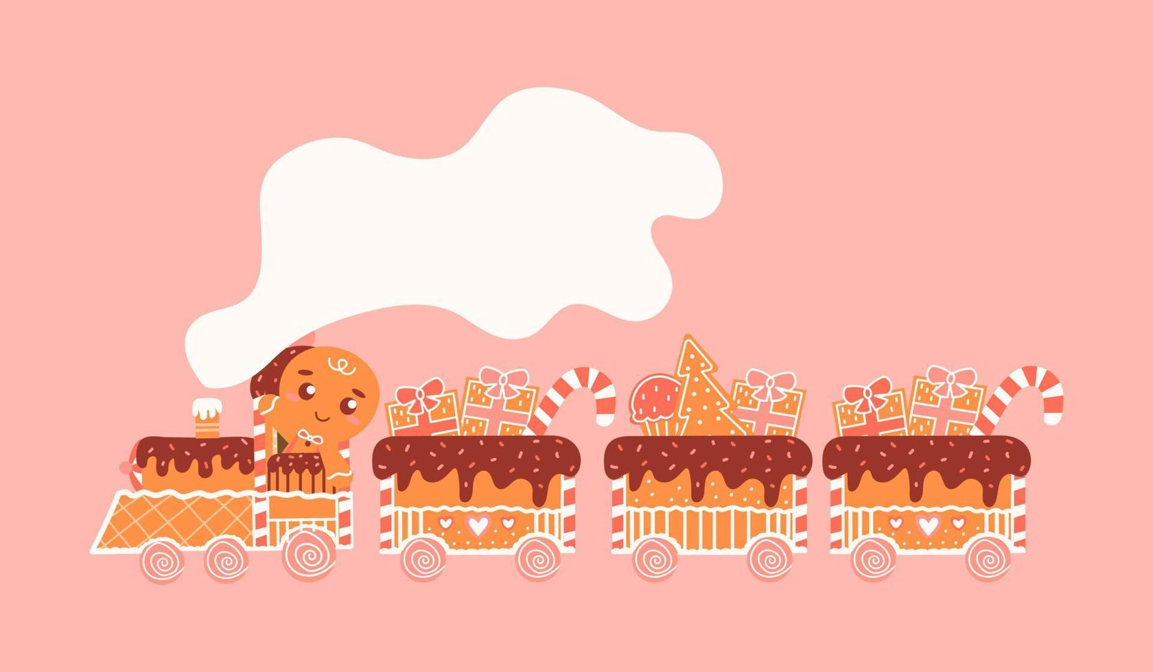 Cute gingerbread santa express with cookie locomotive and wagon with gifts and christmas tree on pink background, sweet winter holiday transport with candies for greeting card in cartoon style vector