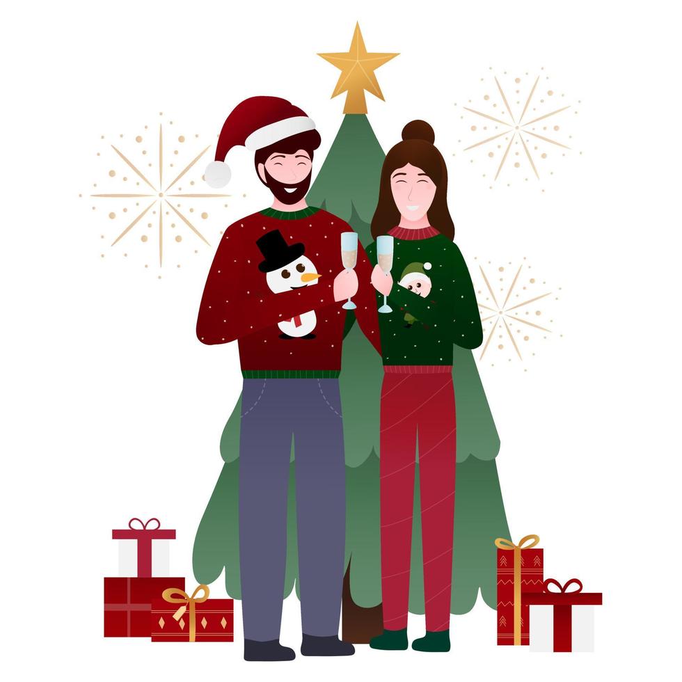 Happy loving family vector illustration celebrating xmas or new year, drinking champagne, hugging, christmas tree and fireworks on the background with presents, winter holidays