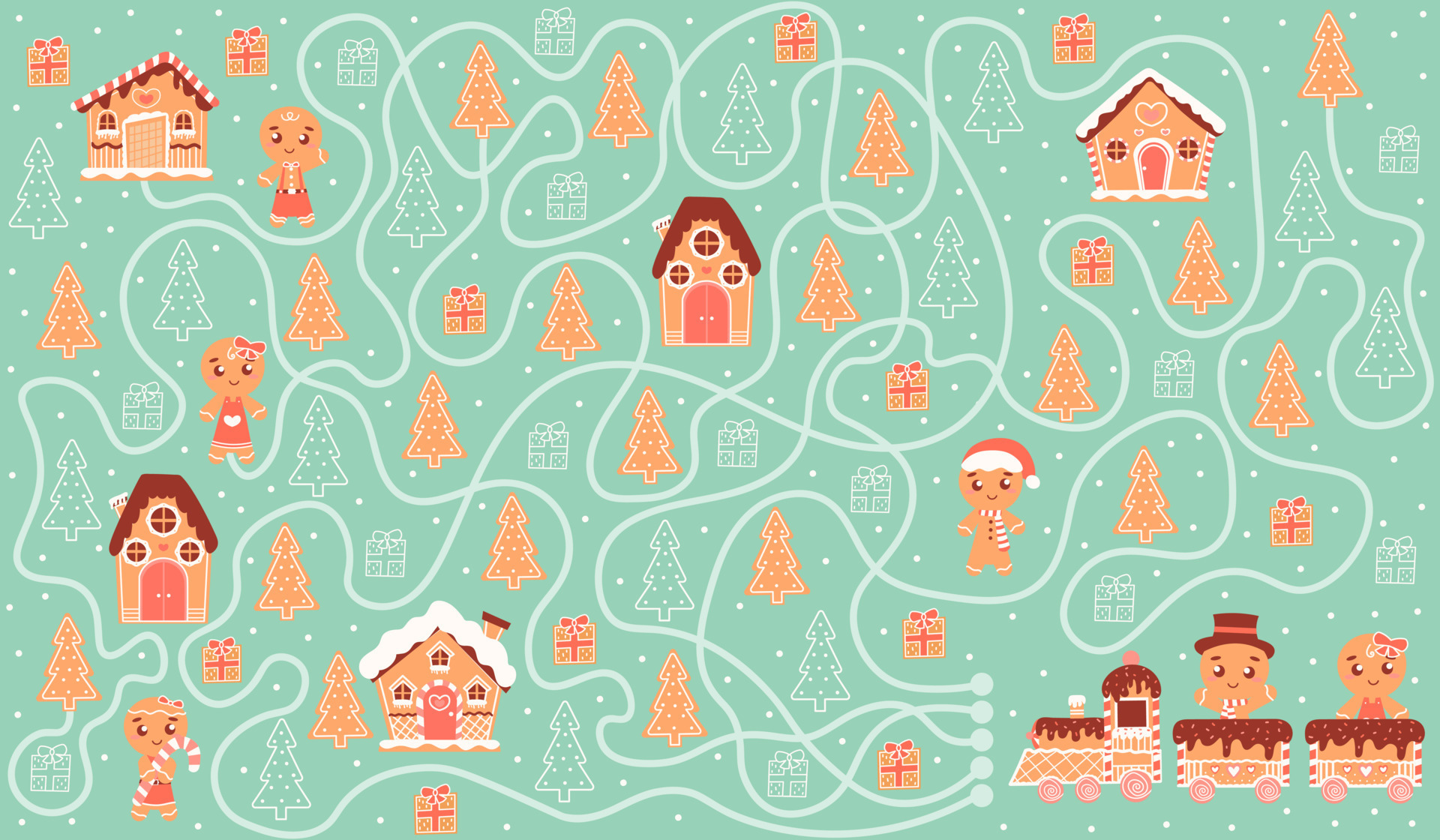 Printable maze riddle for kids, help to find right way train with gifts