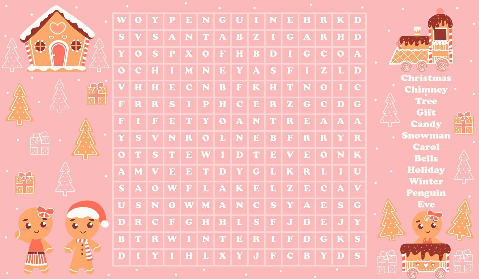 Word search game for kids with christmas themed elements, gingerman characters and house in cartoon style vector