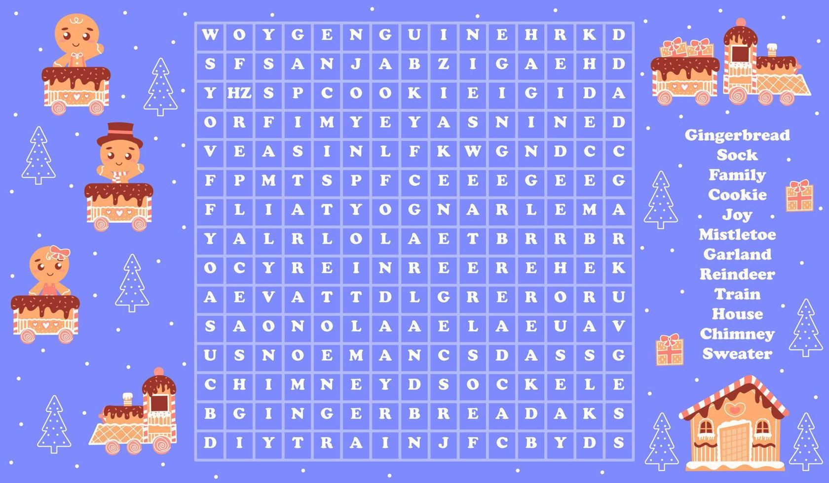 Educational game for learning English words, christmas and new year themed riddle for searching or hunting words with gingerbread characters in train,houses on blue background, printable worksheet vector