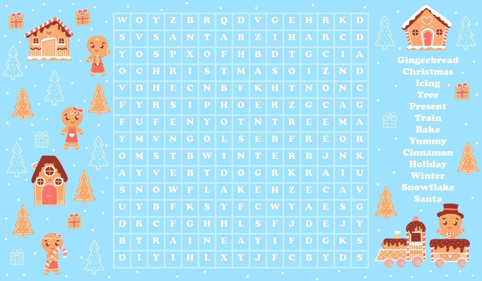 Printable word search preschool activity, learn english palying, new year and christmas holiday riddle for kids with cute gingerbread characters and houses, cozy cookie village vector