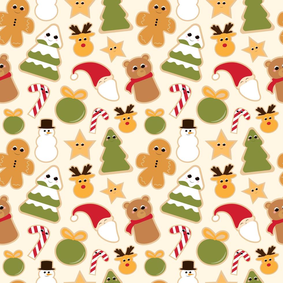 Christmas cookies seamless pattern on light yellow background for wrapping paper or textile, cute sweets, winter holidays attributes, animal characters vector