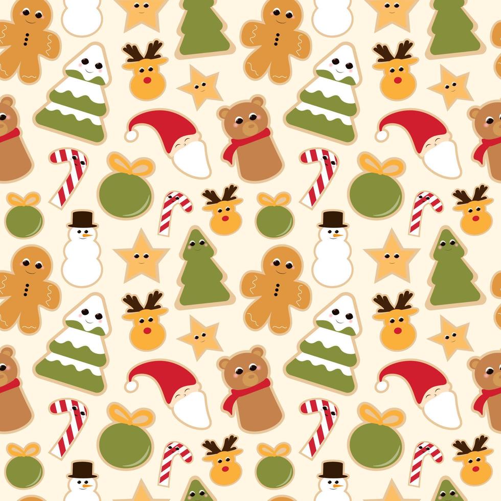 galletas de Navidad patrón sin costuras sobre fondo amarillo claro para envolver papel o textil, dulces lindos, atributos de vacaciones de invierno, personajes animales vector