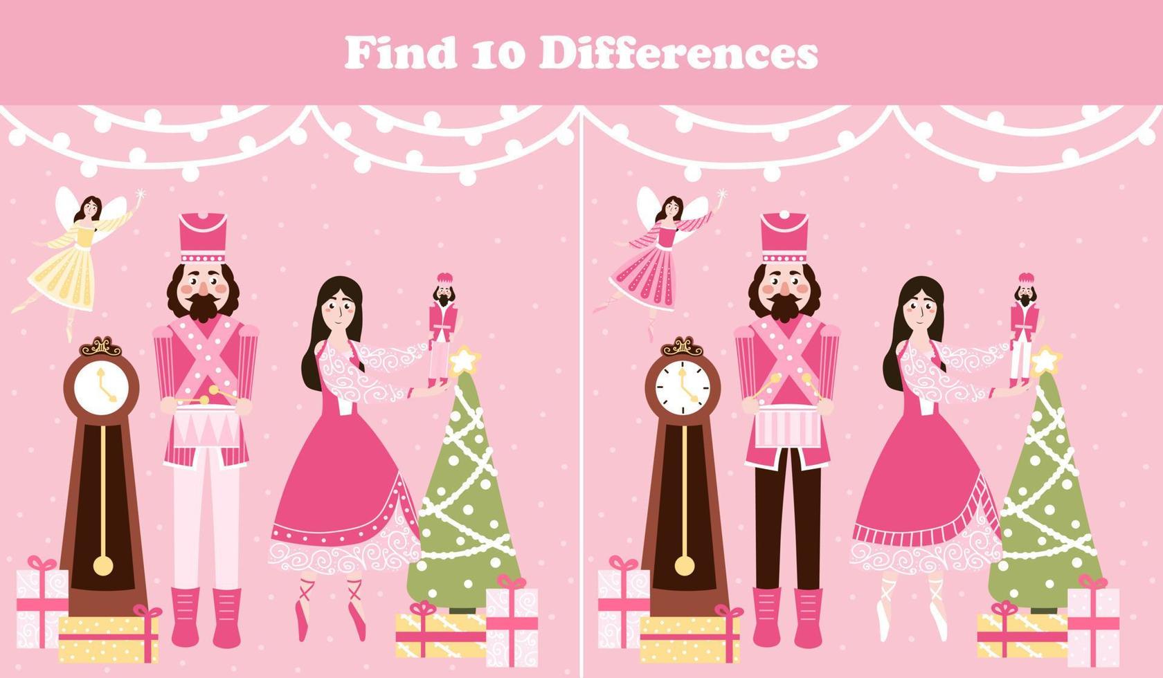 Christmas logical game, find ten differences riddle for children books with nutcracker character and ballerina, fairy vector
