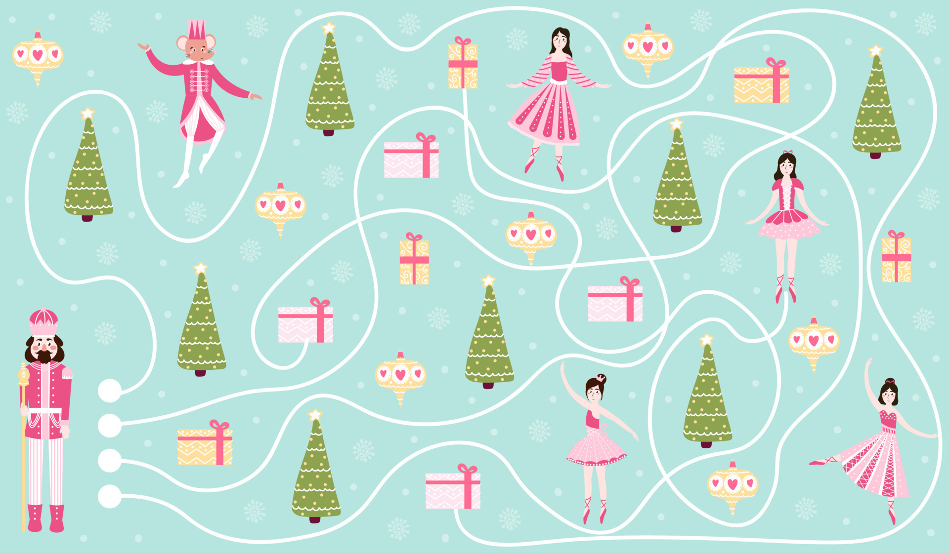 Christmas find way game for kids with nutcracker character and