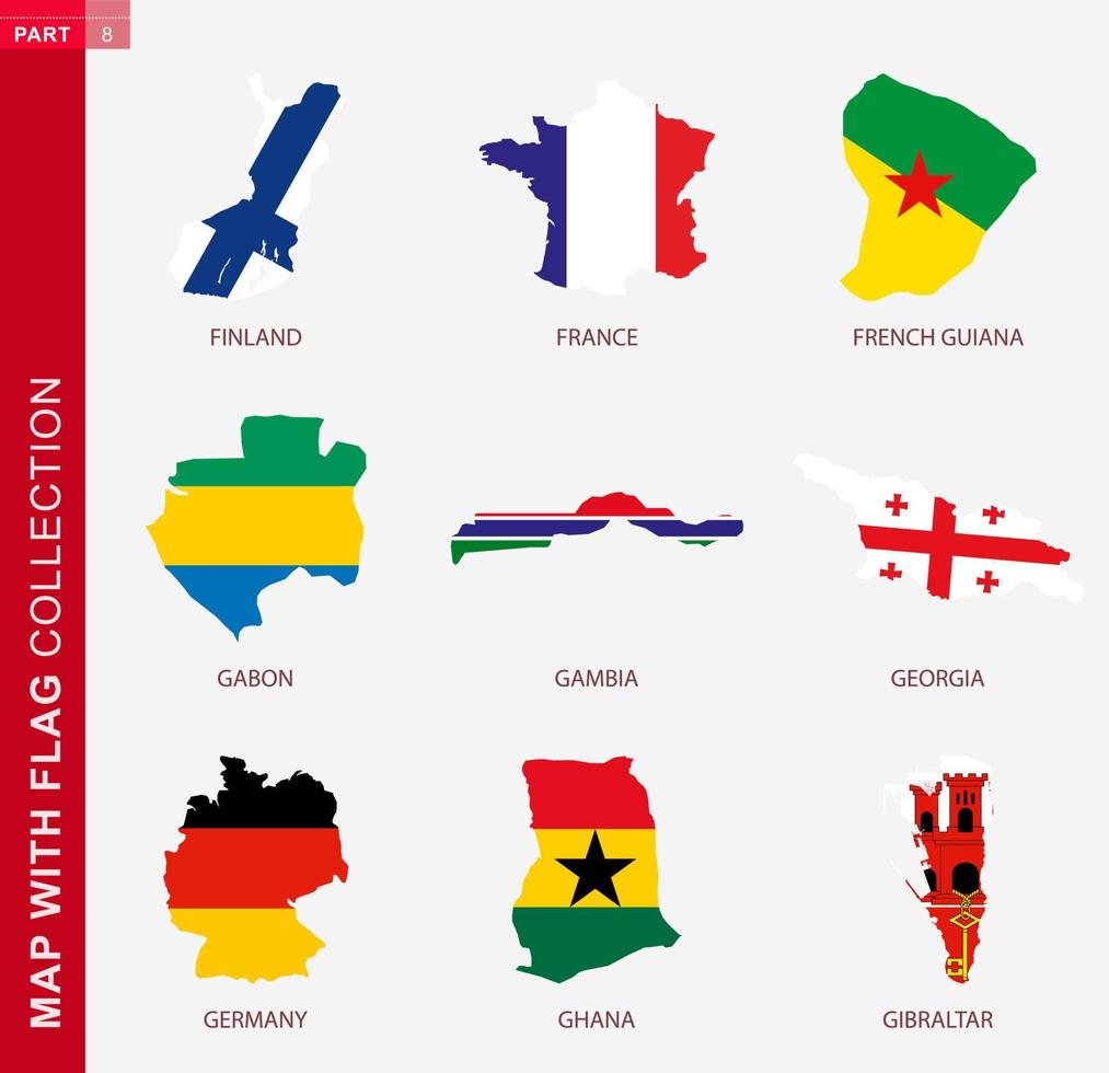 Map with flag collection, nine map contour with flag vector