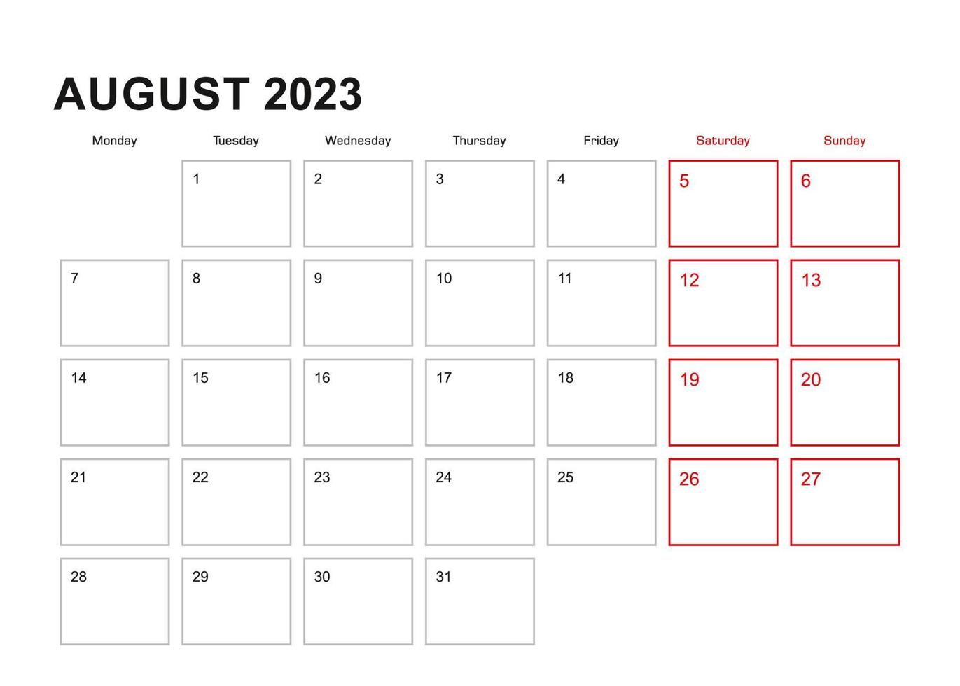 Wall planner for August 2023 in English language, week starts in Monday. vector