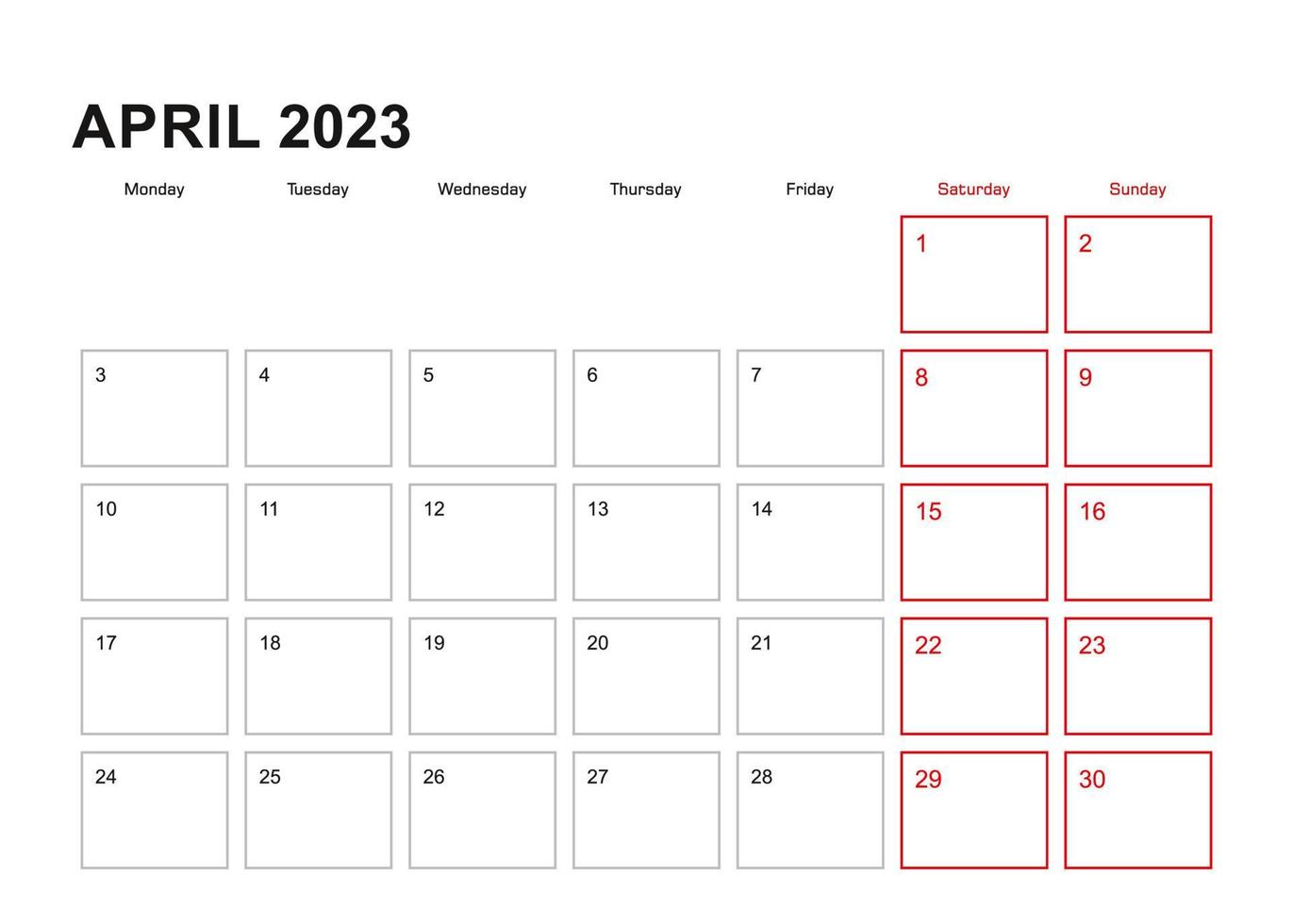 Wall planner for April 2023 in English language, week starts in Monday. vector