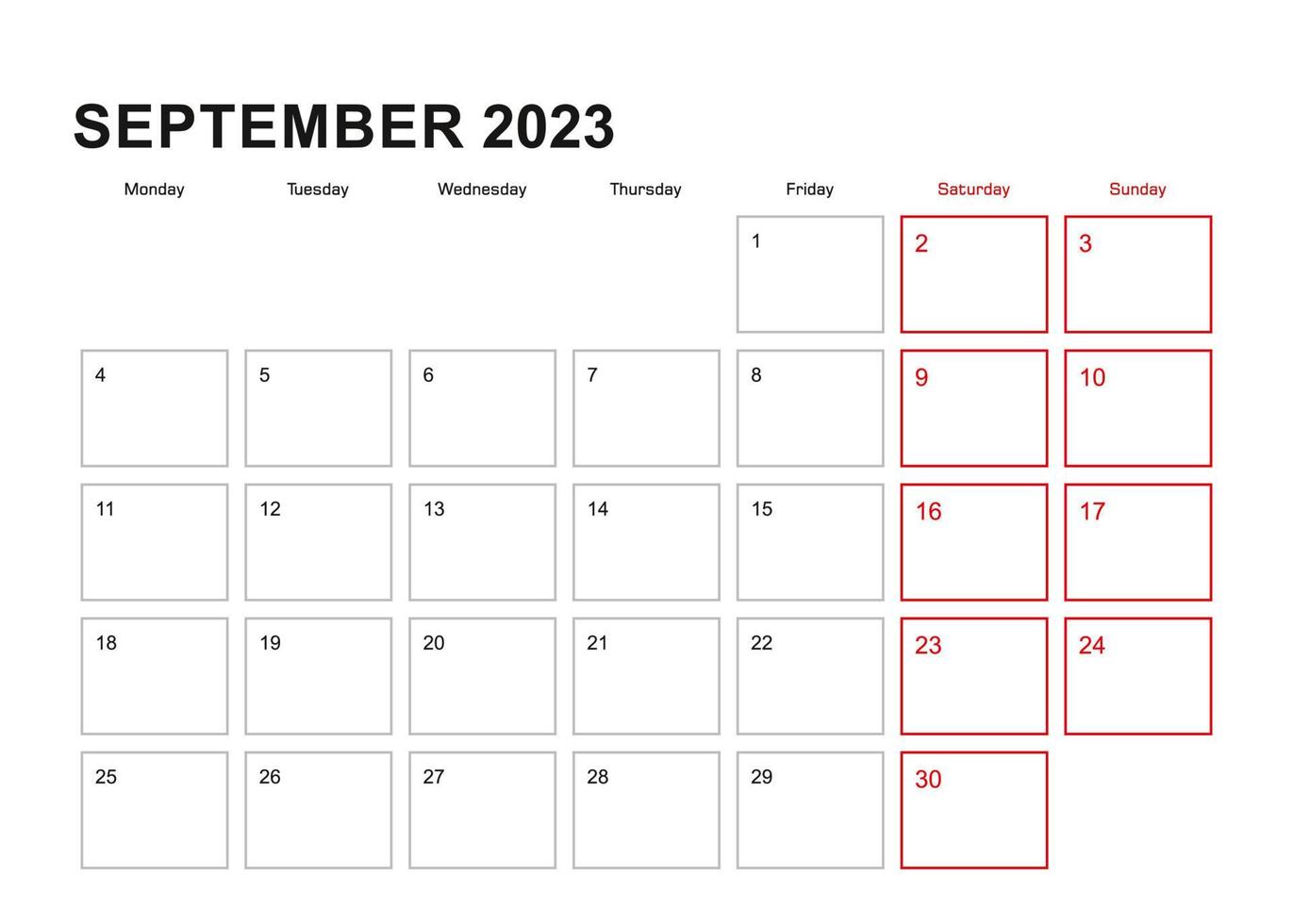 Wall planner for September 2023 in English language, week starts in Monday. vector