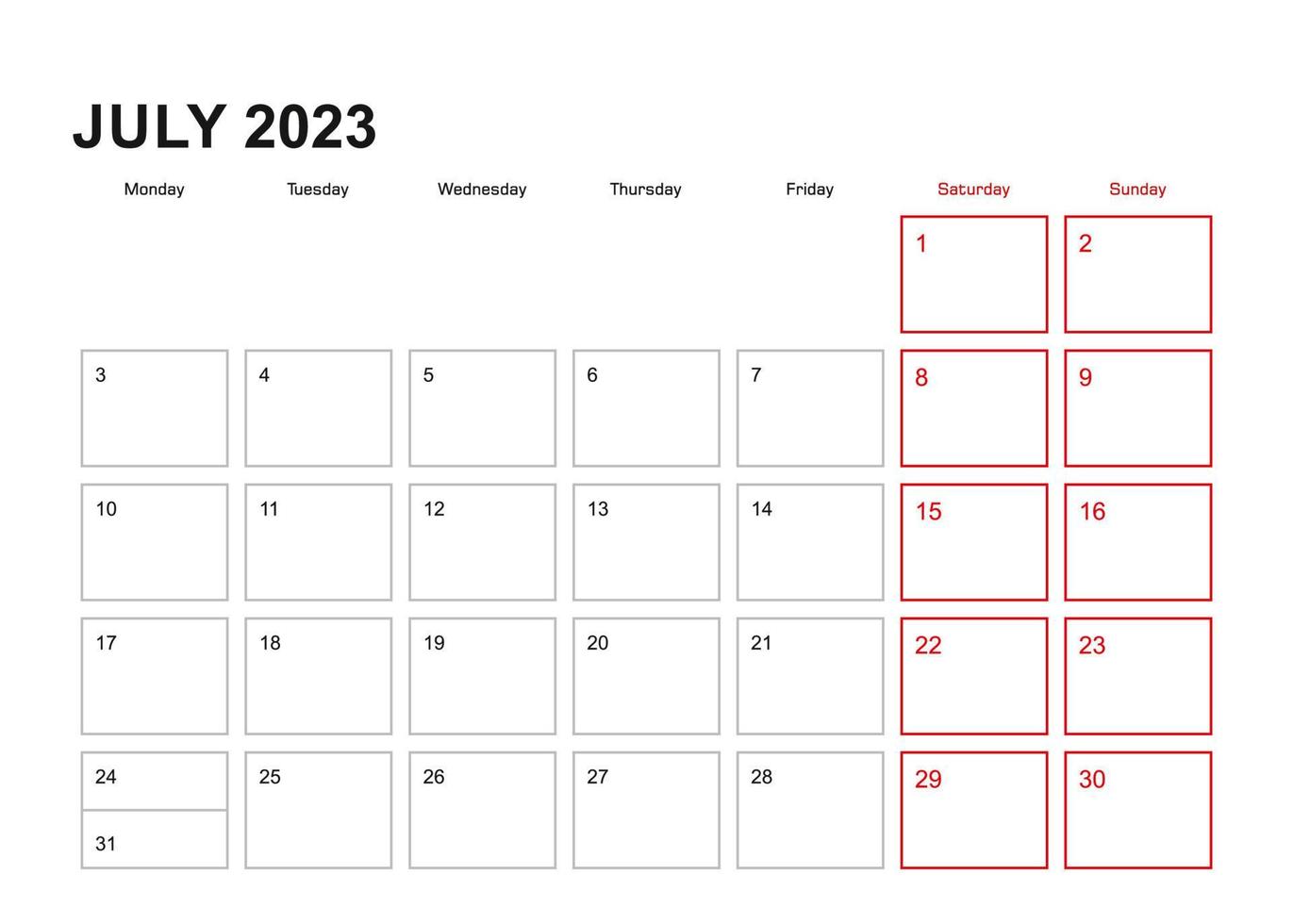 Wall planner for July 2023 in English language, week starts in Monday. vector