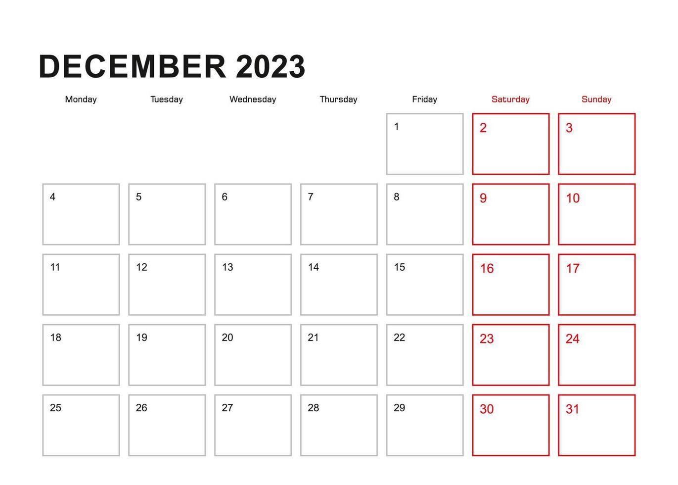 Wall planner for December 2023 in English language, week starts in Monday. vector