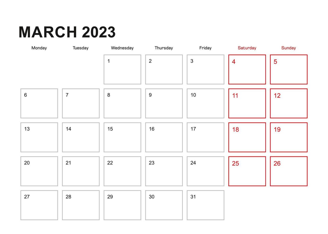 planificador de paredes para marzo de 2023 en inglés, la semana comienza el lunes. vector