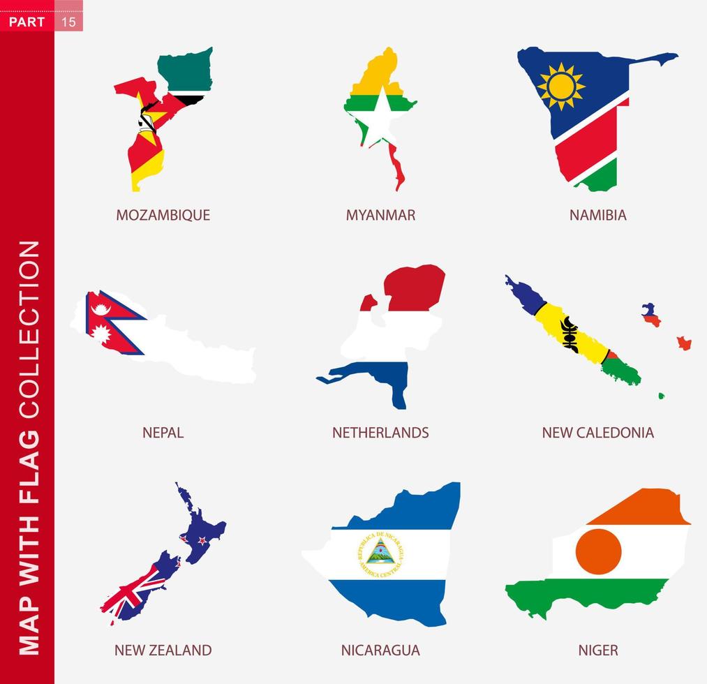 Map with flag collection, nine map contour with flag vector