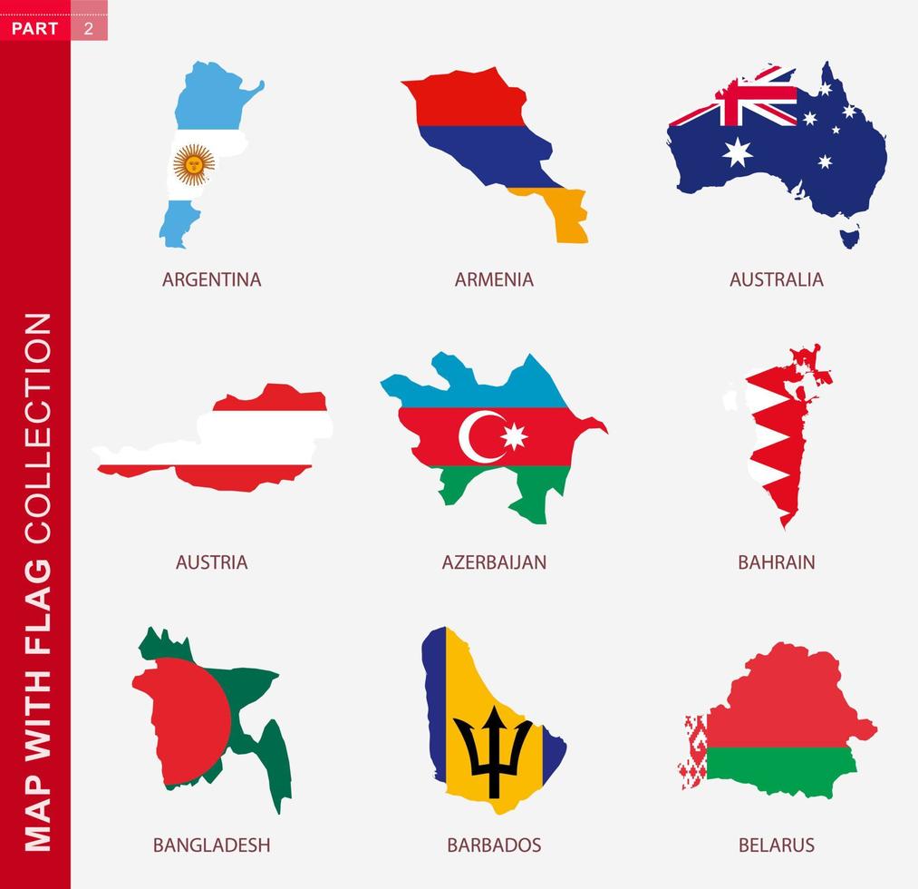 Map with flag collection, nine map contour with flag vector