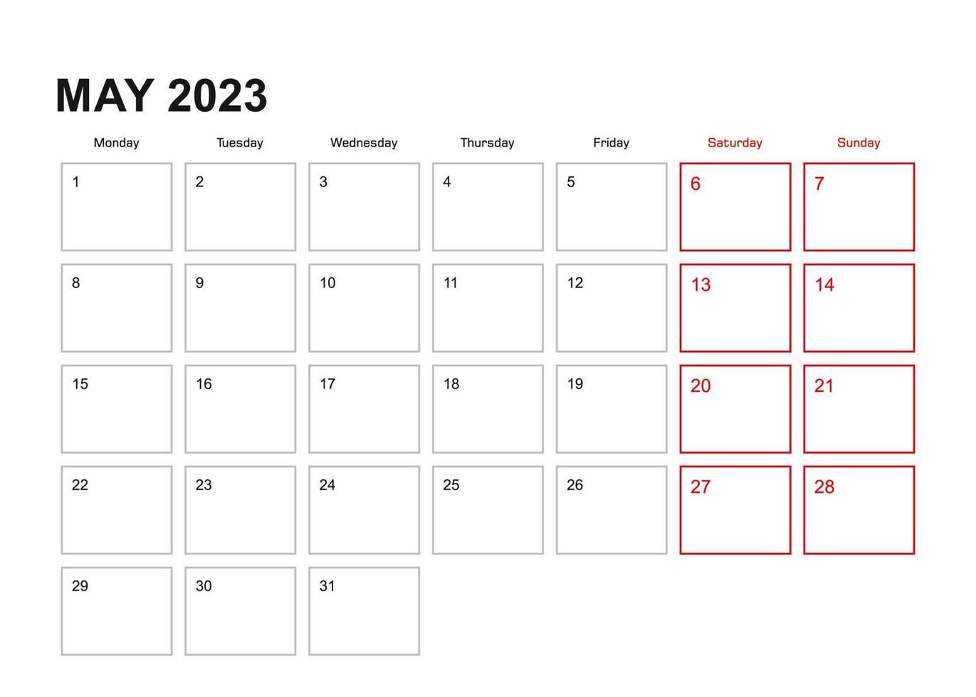 Wall planner for May 2023 in English language, week starts in Monday. vector