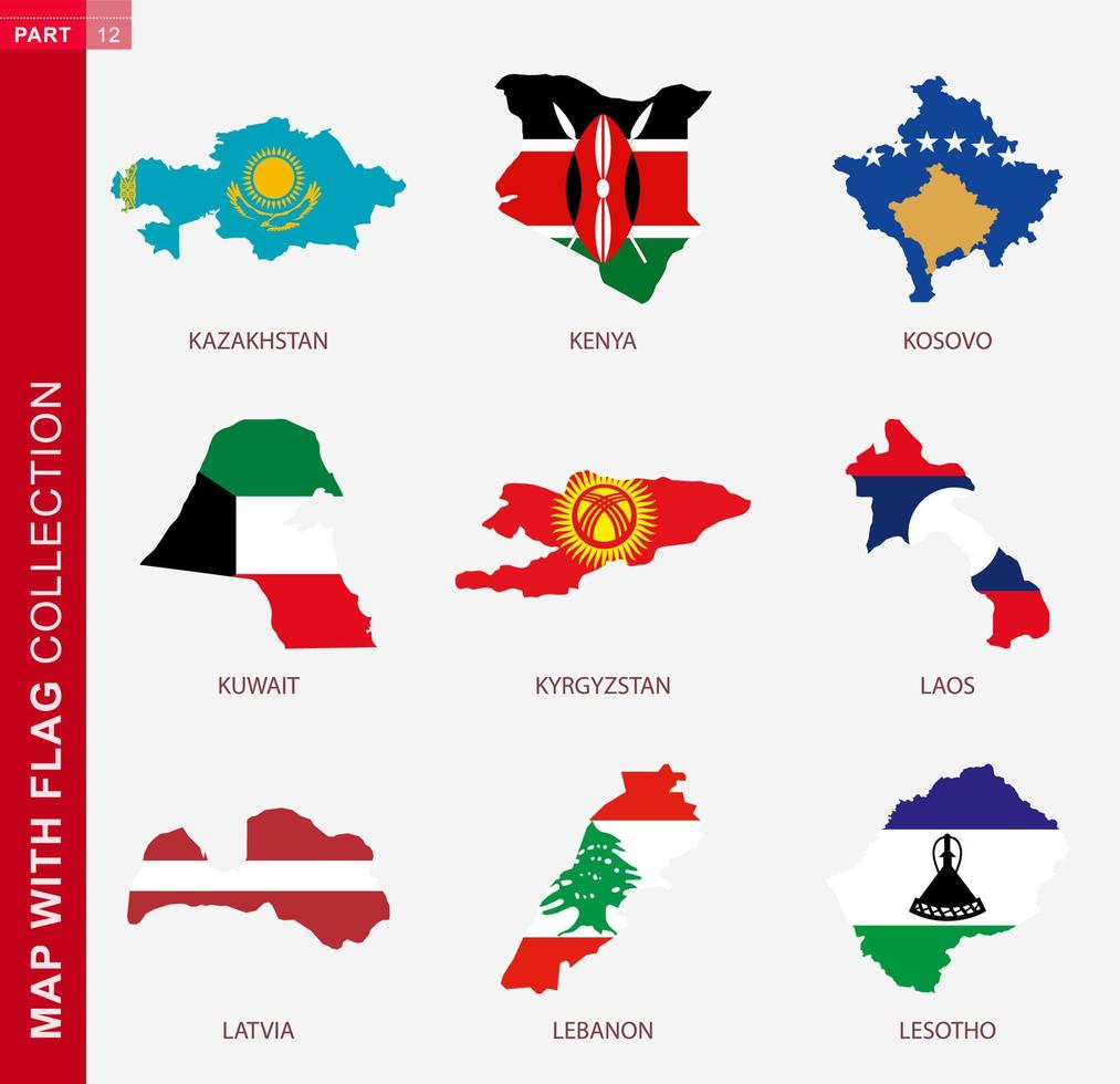 mapa con colección de banderas, contorno de nueve mapas con bandera vector