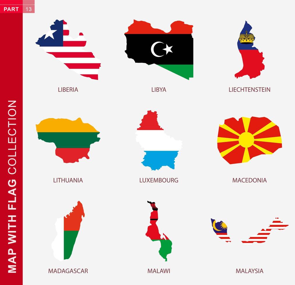 Map with flag collection, nine map contour with flag vector