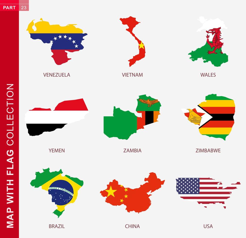 Map with flag collection, nine map contour with flag vector