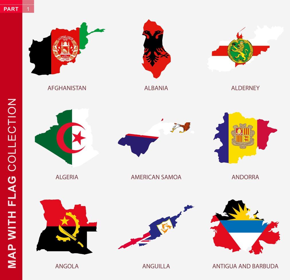 Map with flag collection, nine map contour with flag vector