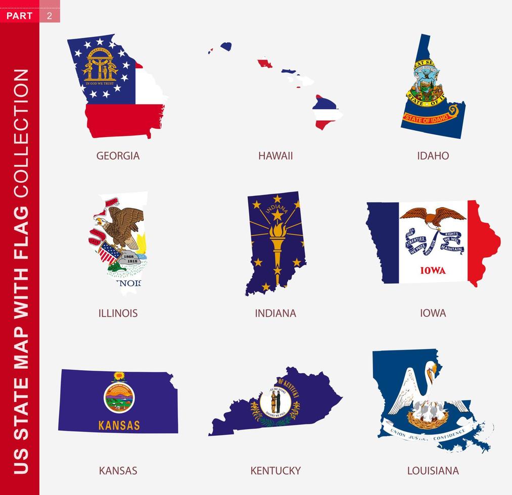 US State Maps with flag collection, nine USA map contour with flag vector