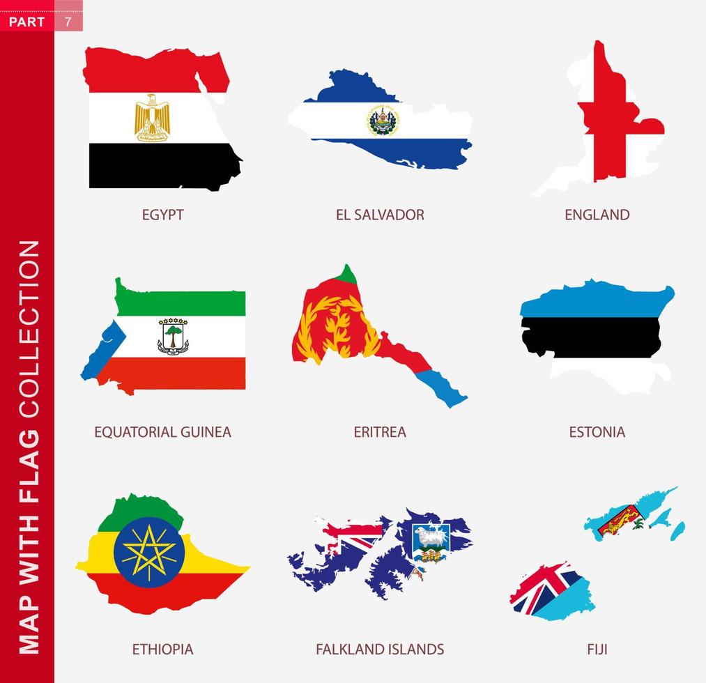 Map with flag collection, nine map contour with flag vector