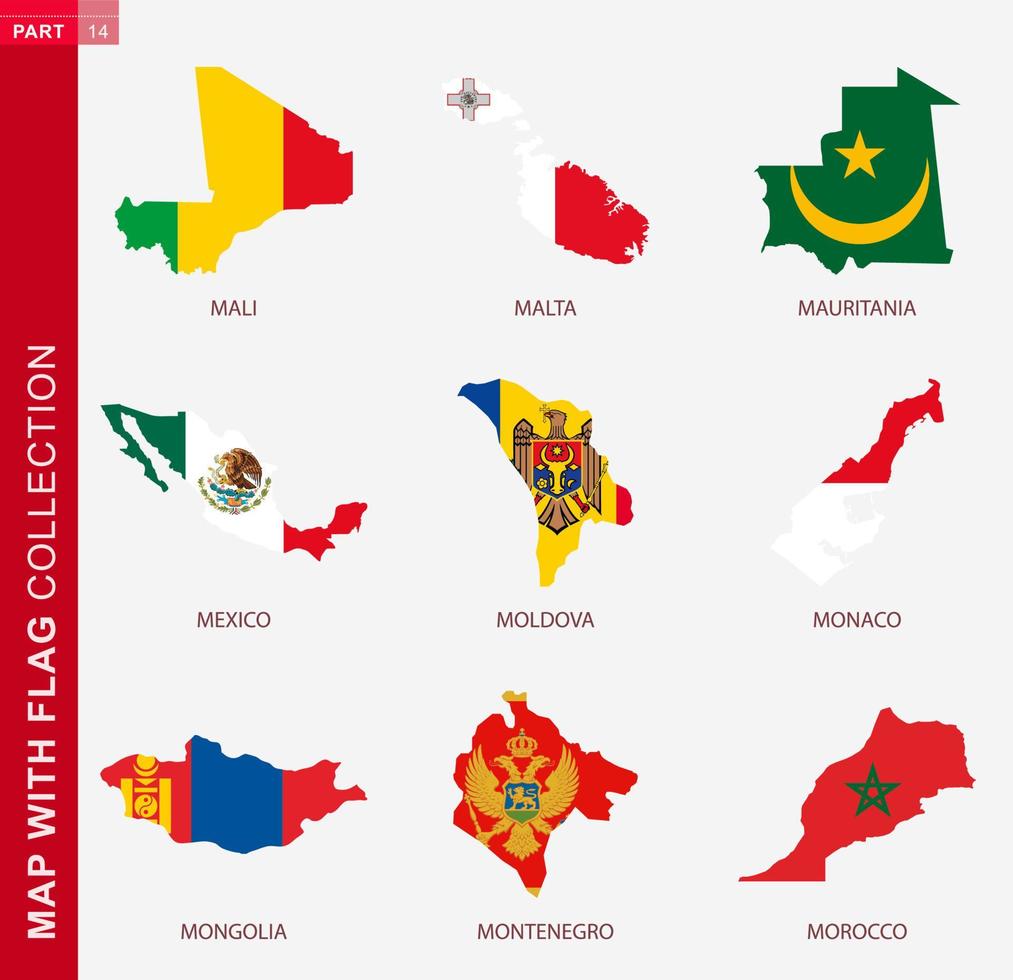 mapa con colección de banderas, contorno de nueve mapas con bandera vector