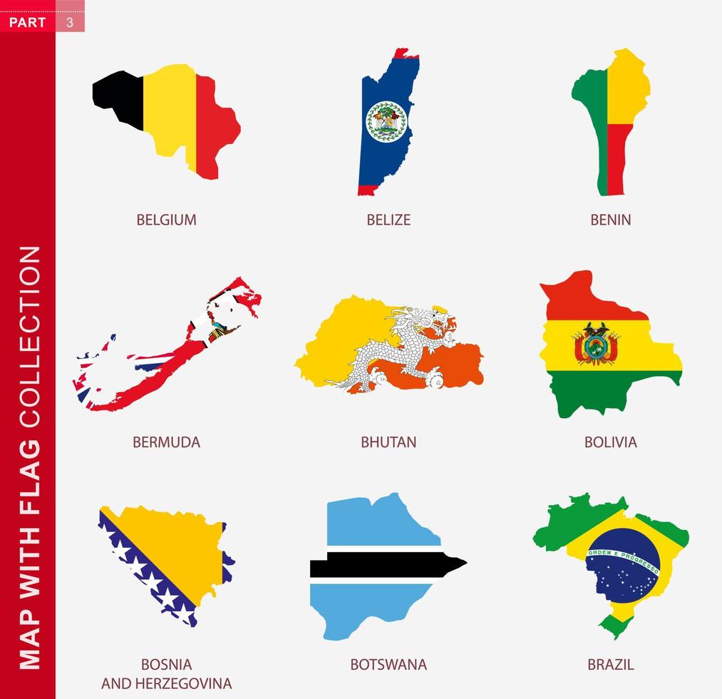 Map with flag collection, nine map contour with flag vector