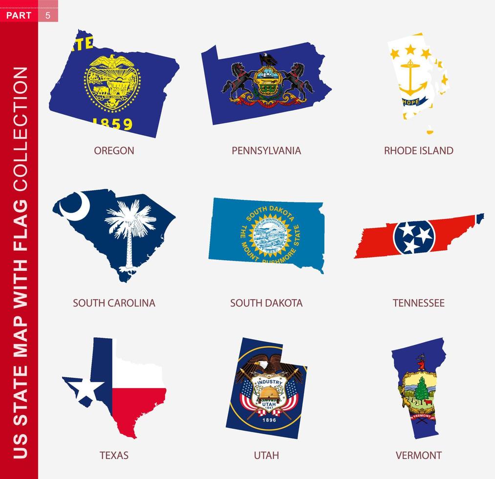 US State Maps with flag collection, nine USA map contour with flag vector