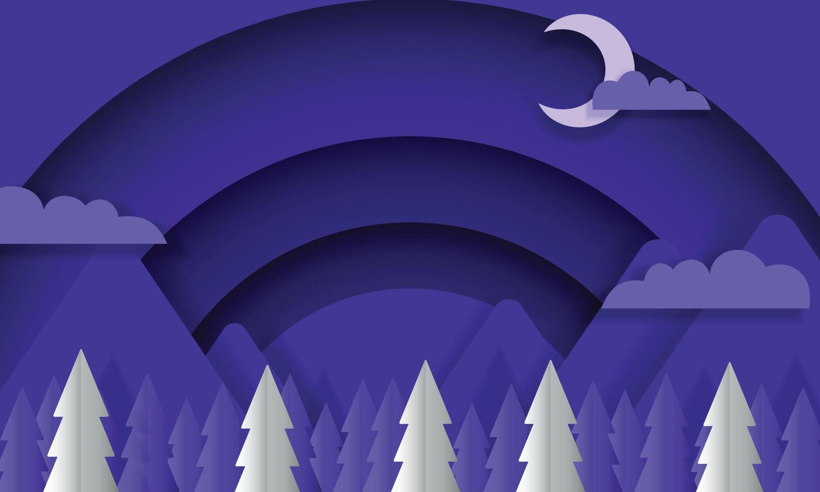 hermosa noche azul y blanca con montaña, árbol, nube y luna en papel. vector