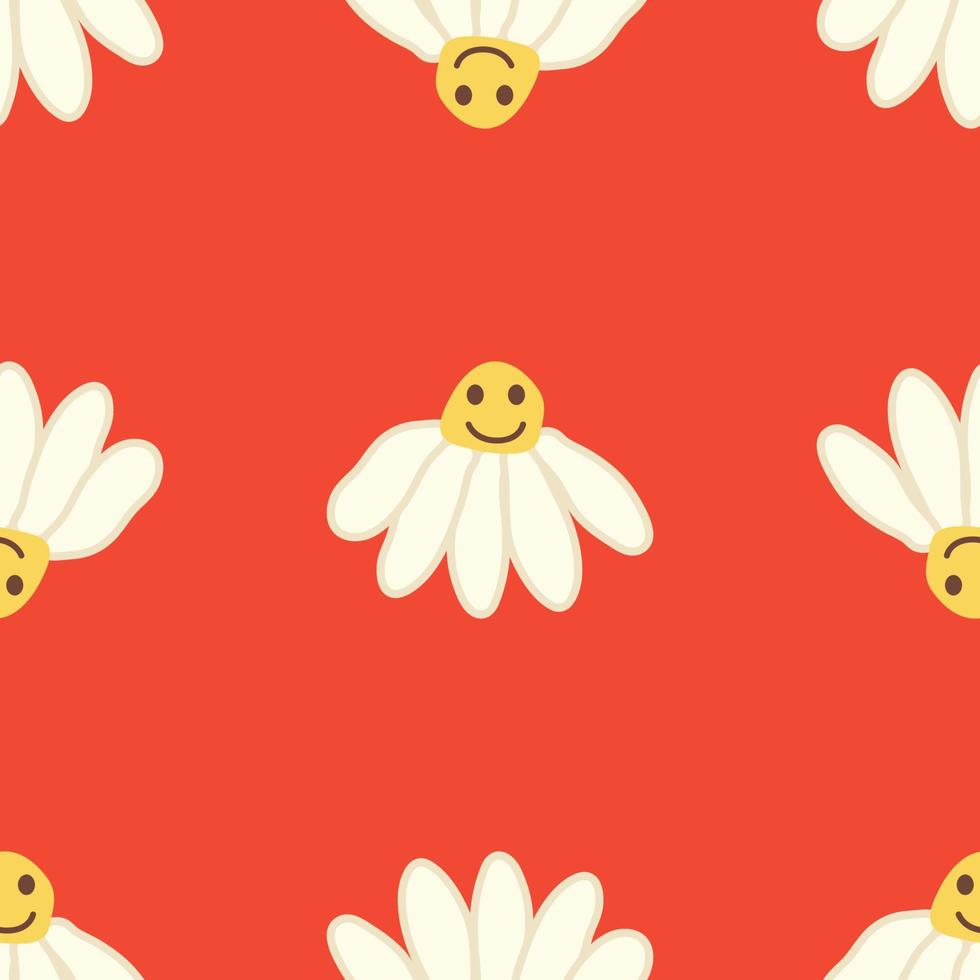 Chamomile smile 1970 pattern. Groovy daisy retro seamless pattern vector