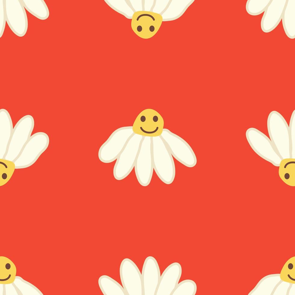 Chamomile smile 1970 pattern. Groovy daisy retro seamless pattern vector