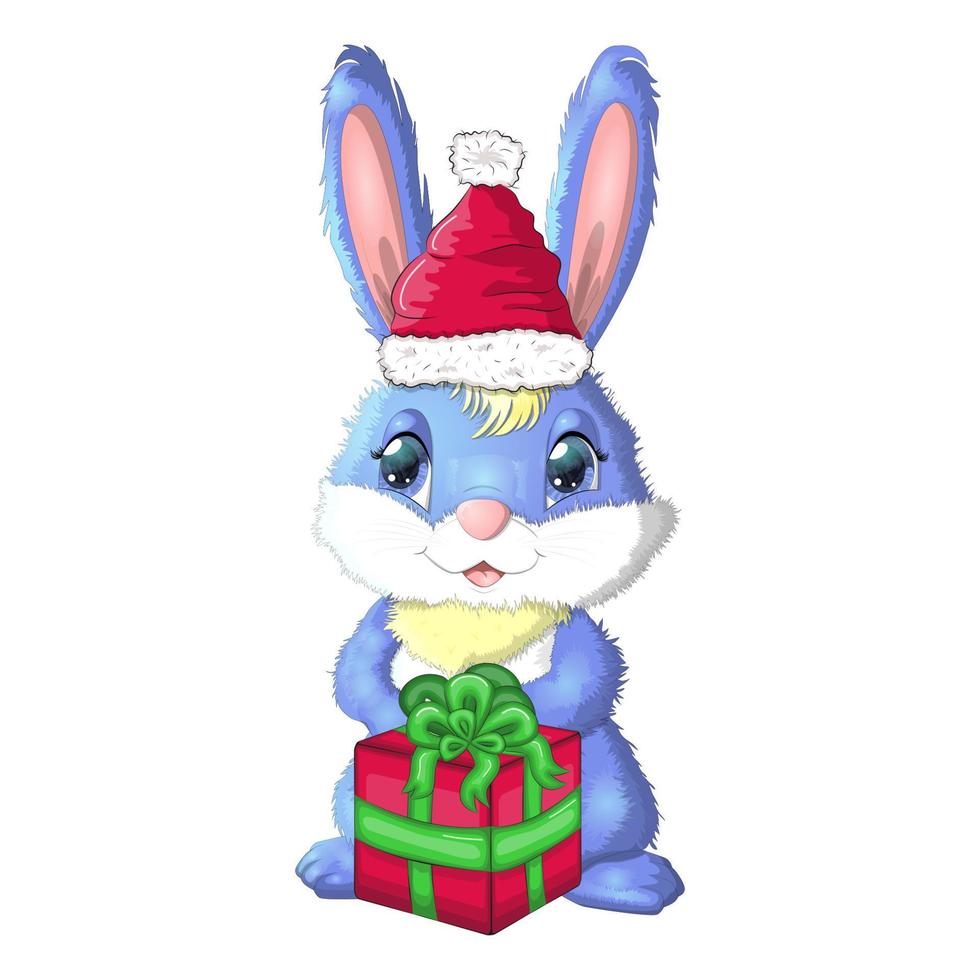 lindo conejo de dibujos animados con sombrero de santa con un regalo. invierno 2023, navidad y año nuevo vector