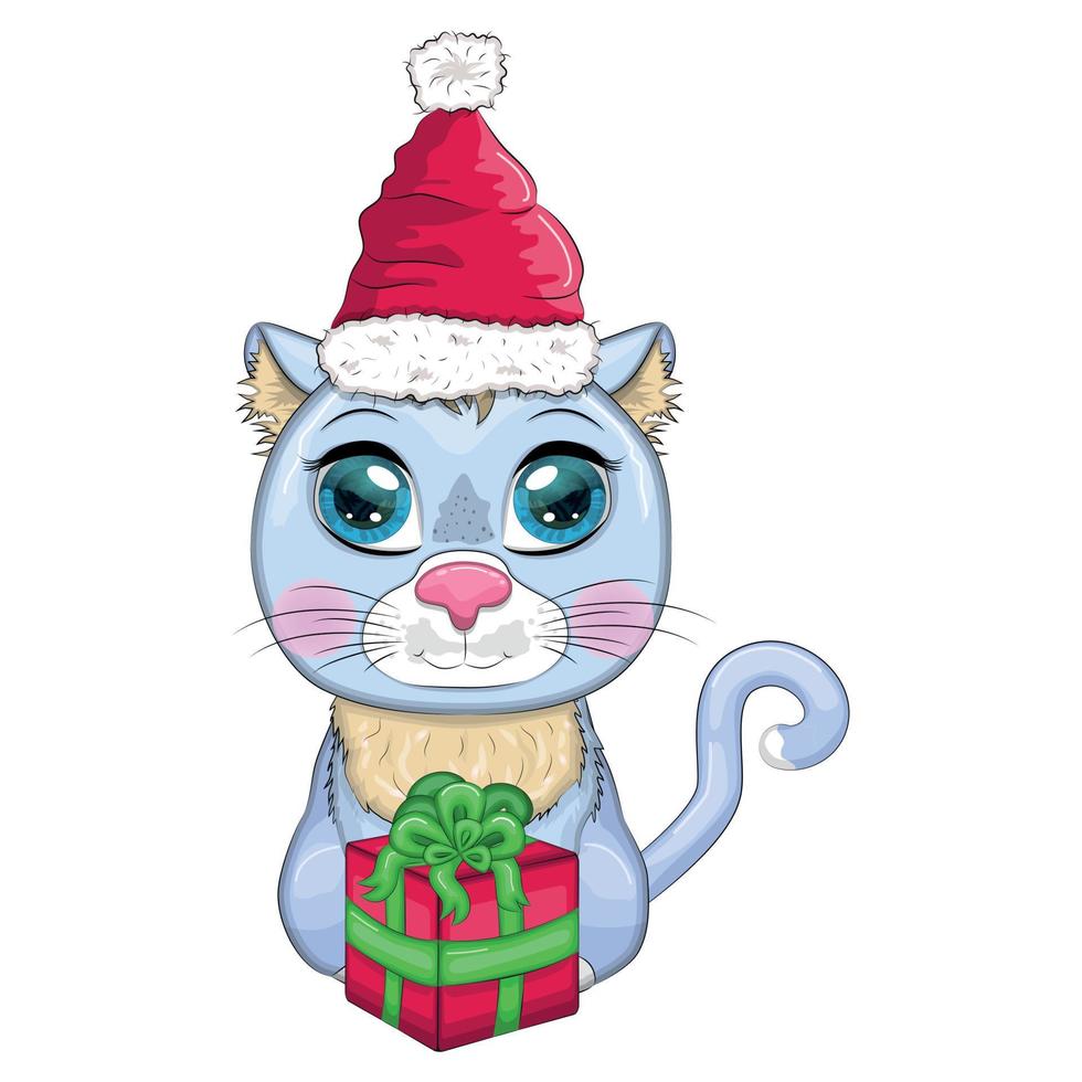 lindo gato de dibujos animados con sombrero de santa con regalo, bola de navidad, candy kane. invierno 2023, navidad y nuevo chino vector