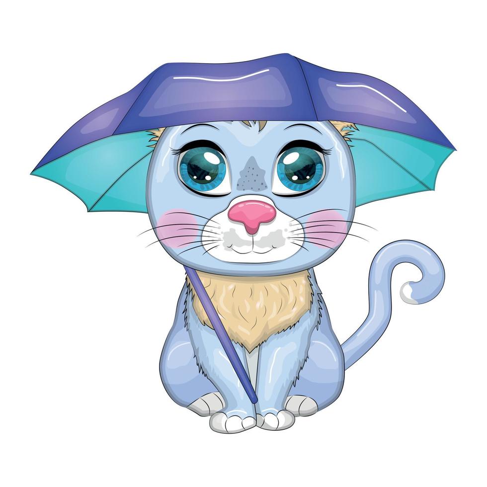 Cartoon cat with an umbrella. Autumn is coming. Cute child character, symbol of 2023 new chinese year vector