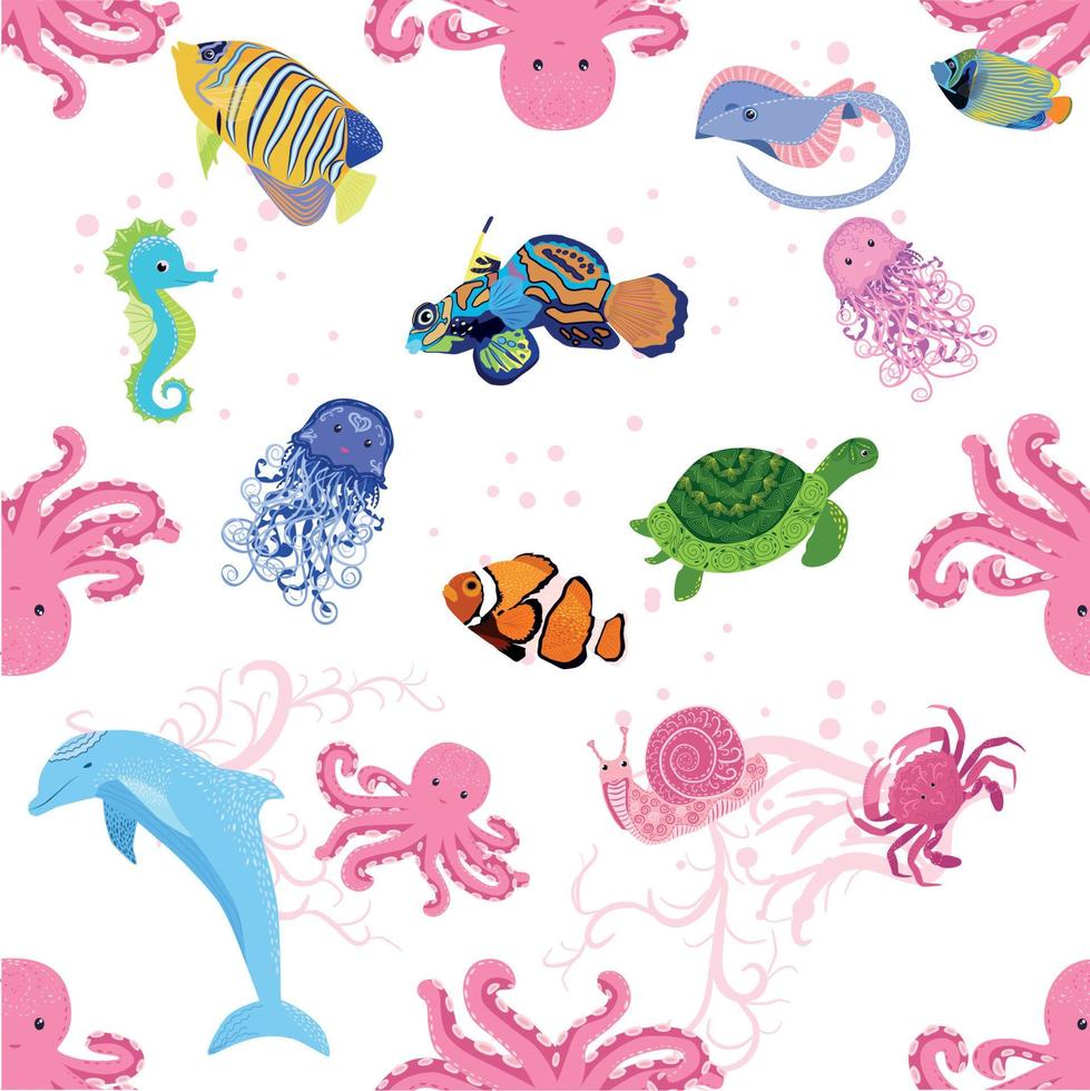 Marine life, fish, animals bright seamless pattern. sea travel, underwater diving animal tropical fish. Jellyfish, whale, shark, seahorse, clown fish, dolphin, turtle, emperor vector
