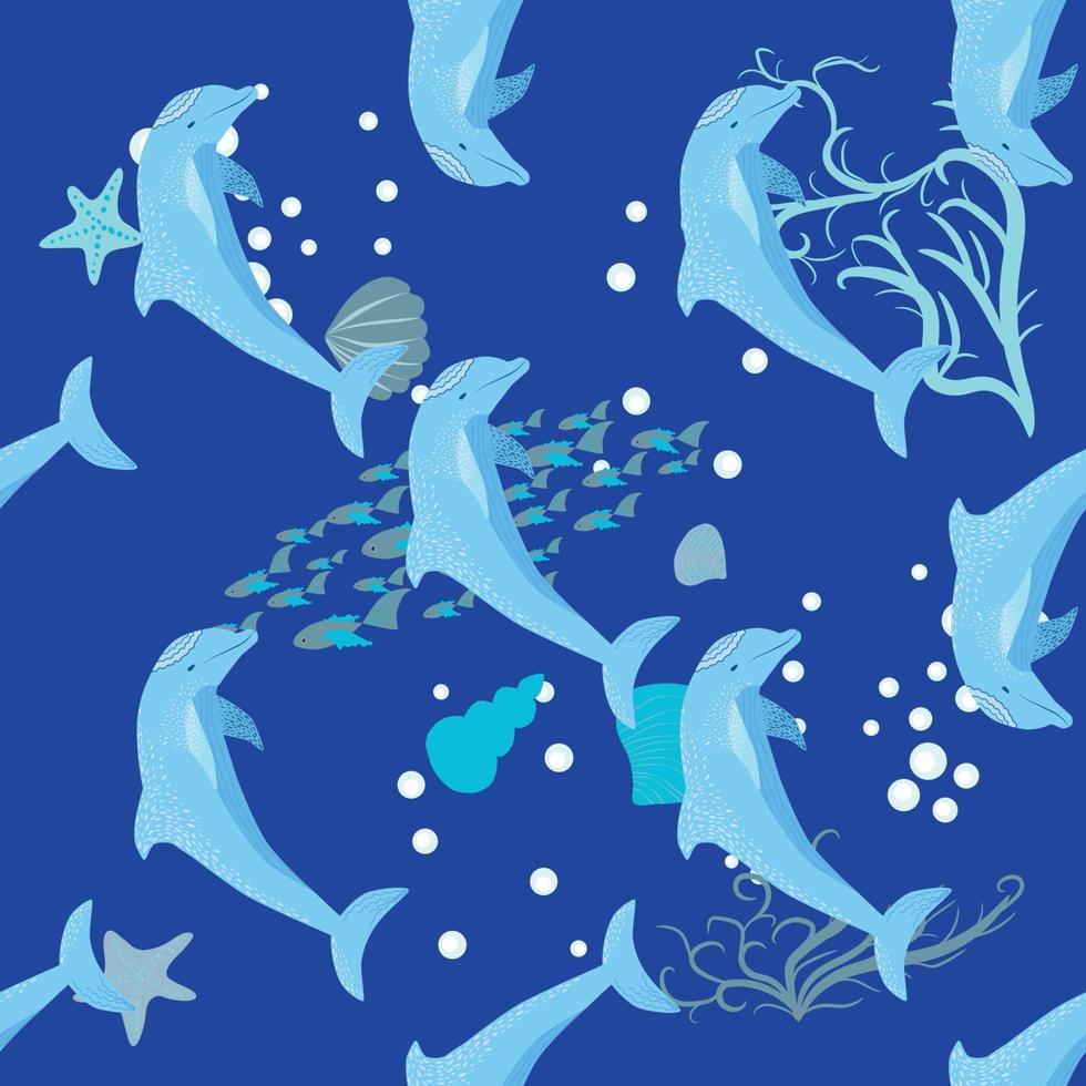 Dolphin, sea inhabitants seamless pattern, beautiful character among seashells, algae, starfish, marine wildlife vector