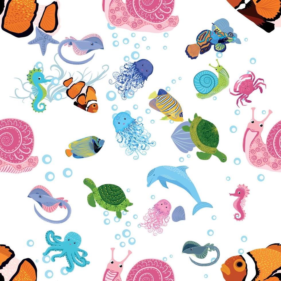 Marine life, fish, animals bright seamless pattern. sea travel, underwater diving animal tropical fish. Jellyfish, whale, shark, seahorse, clown fish, dolphin, turtle, emperor vector