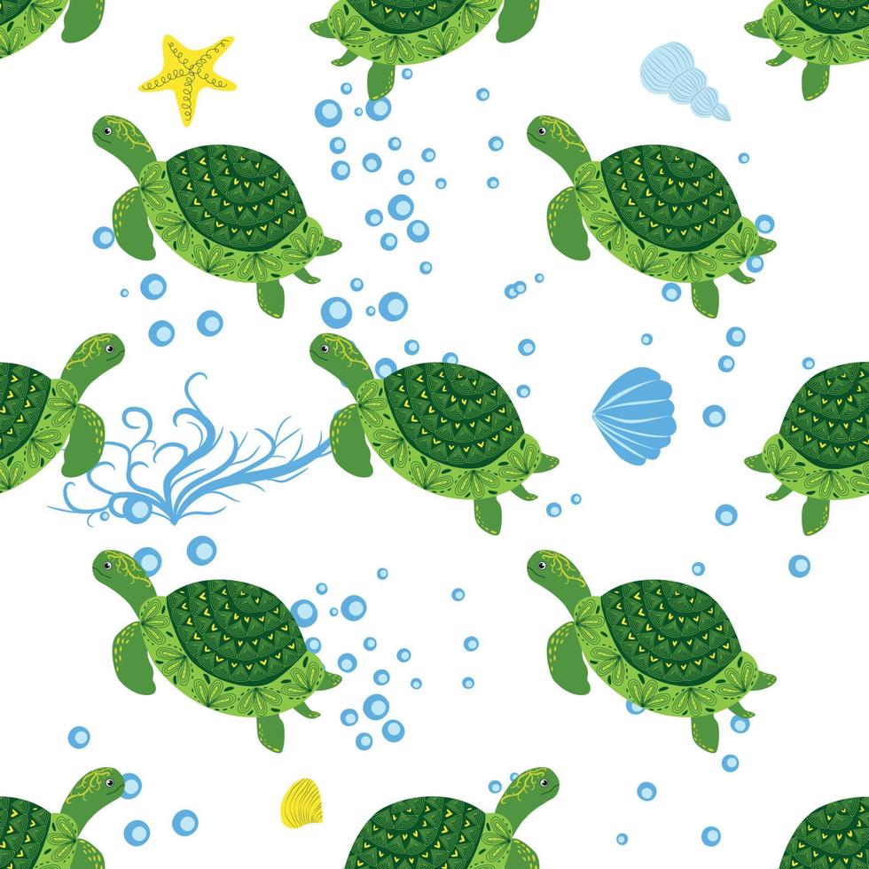 patrón sin costuras de tortuga verde, hermoso personaje entre conchas marinas, algas, estrellas de mar, animales marinos vida silvestre naturaleza. naturaleza bajo el agua, peces salvajes marinos en el zoológico oceánico. vector