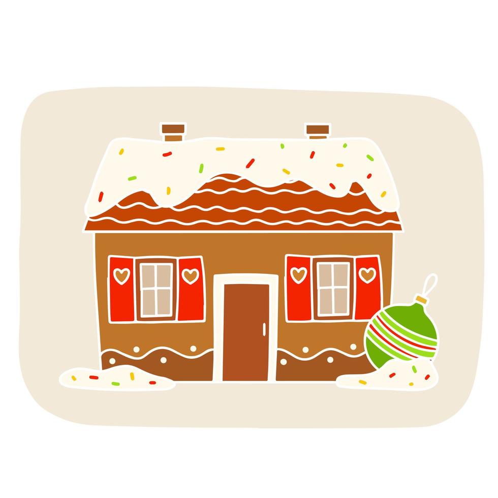 Christmas gingerbread house and a glass ball on the Christmas tree. Illustration on a white background vector