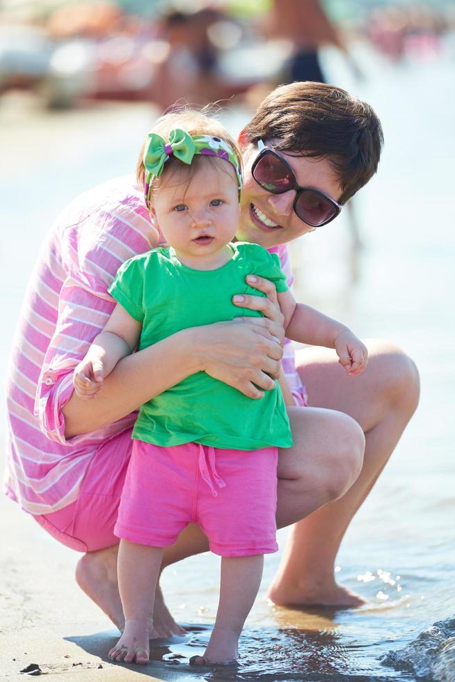 mom and baby on beach  have fun photo