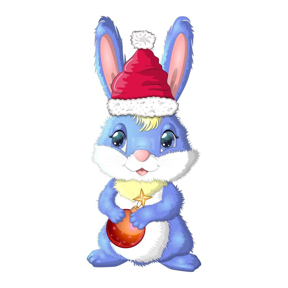 lindo conejito de dibujos animados en sombrero de santa con bola de navidad. invierno 2023, navidad y año nuevo vector