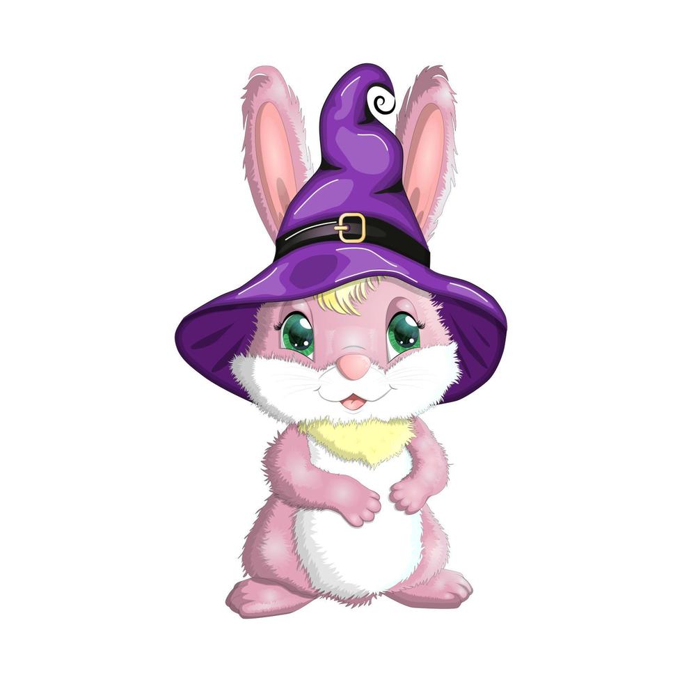 Cute Bunny in witch hat with pumpkin, broom, potion. Happy Halloween festival concept. Year 2023 hare mascot character vector