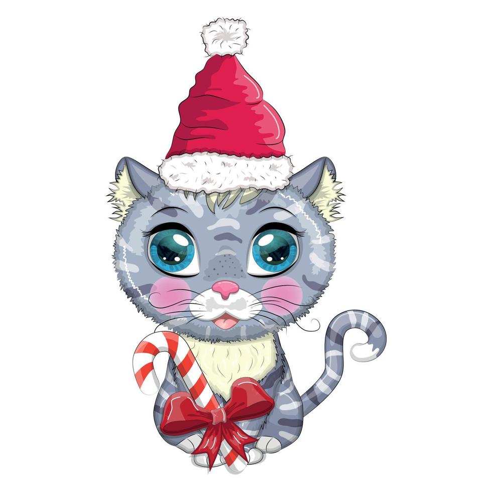 lindo gato de dibujos animados con sombrero de santa con regalo, bola de navidad, candy kane. invierno 2023, navidad y nuevo chino vector