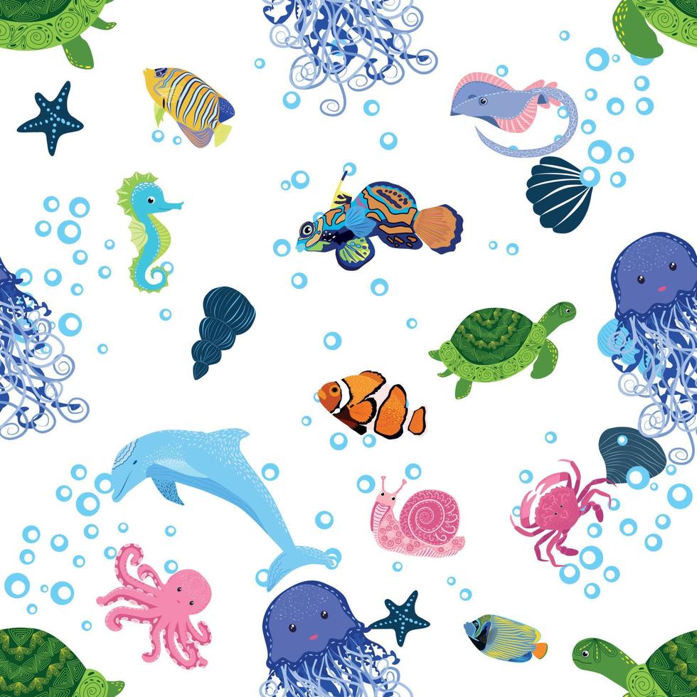 Marine life, fish, animals bright seamless pattern. sea travel, underwater diving animal tropical fish. Jellyfish, whale, shark, seahorse, clown fish, dolphin, turtle, emperor vector