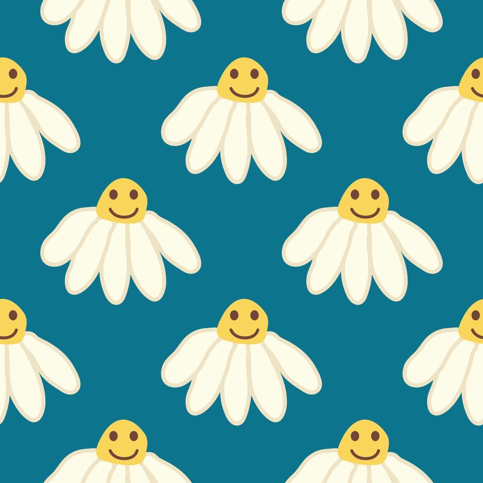 Chamomile smile 1970 pattern. Groovy daisy retro seamless pattern vector