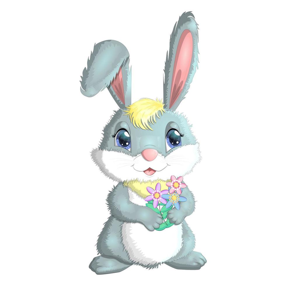 Cartoon rabbit, hare with flowers. Cute childish character, Easter, spring, symbol of 2023 Chinese New Year vector