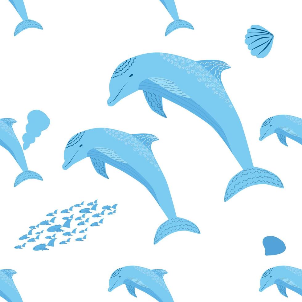 Dolphin, sea inhabitants seamless pattern, beautiful character among seashells, algae, starfish, marine wildlife vector