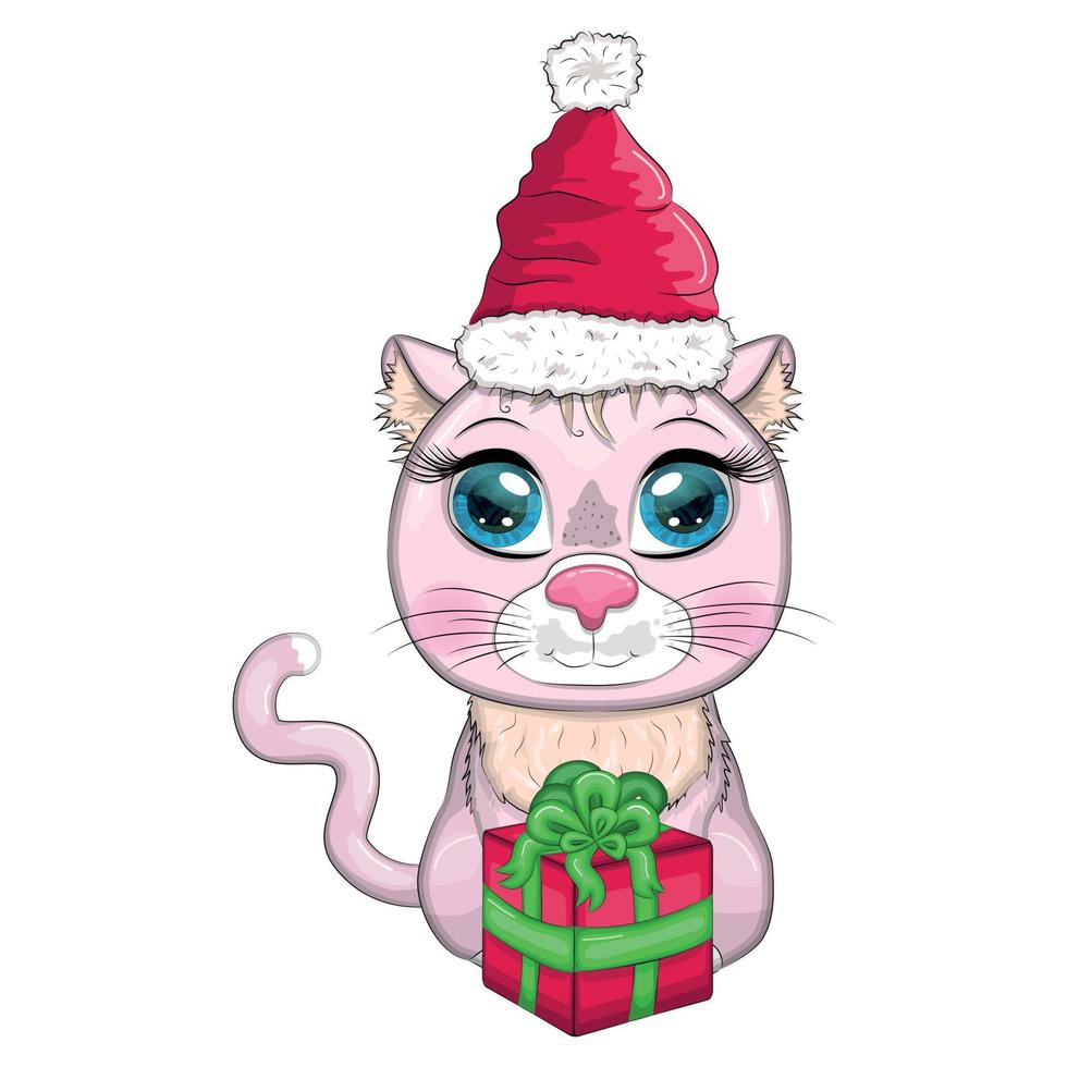 lindo gato de dibujos animados con sombrero de santa con regalo, bola de navidad, candy kane. invierno 2023, navidad y nuevo chino vector