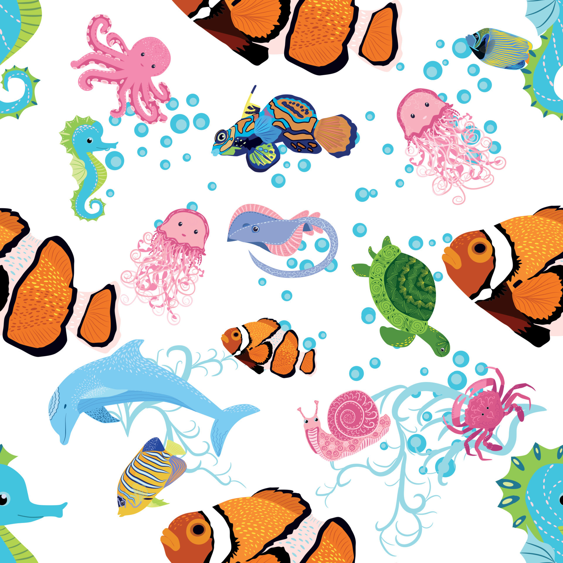 Marine life, fish, animals bright seamless pattern. sea travel, underwater diving animal tropical fish. Jellyfish, whale, shark, seahorse, clown fish, dolphin, turtle, emperor 11635929 Vector Art at Vecteezy Marine life, fish, animals bright seamless pattern. sea travel, underwater diving animal tropical fish. Jellyfish, whale, shark, seahorse, clown fish, dolphin, turtle, emperor 11635929 Vector Art at Vecteezy